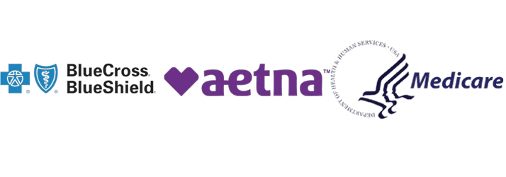Logos showing accepted insurance: BlueCross BlueShield, Aetna, Medicare.